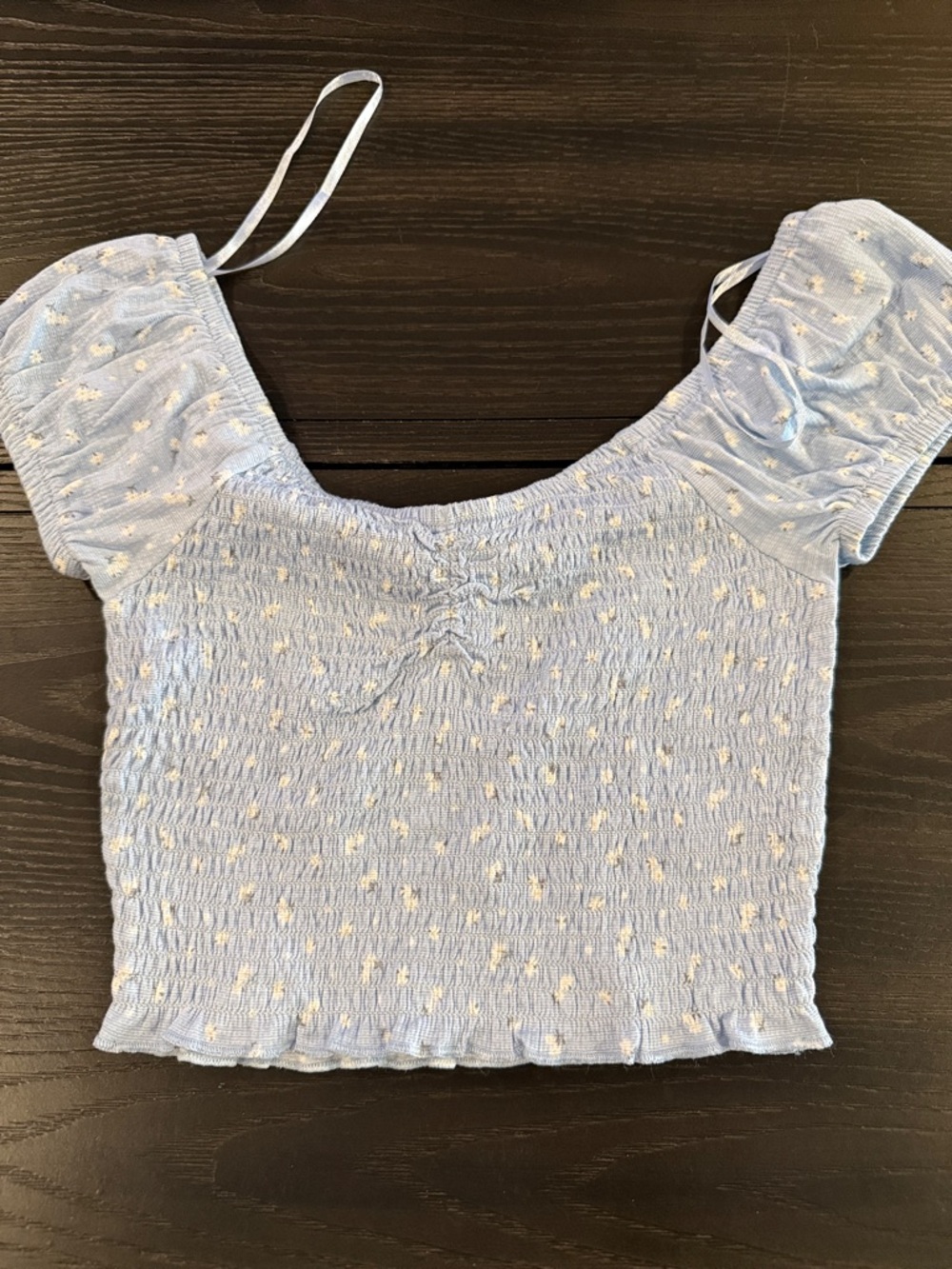 Primark Light Blue Smocked Puff-Sleeve Crop Top